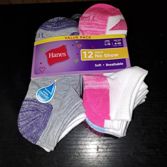 3 X Value 12 Packs Hanes Girls Wicking Cool Comfort No Show Socks Size L 4-10 - Picture 3 of 7